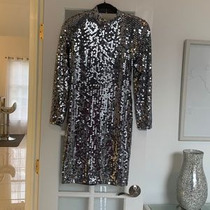 Cache Silver Sequin Cocktail Dress with Cut-out Back